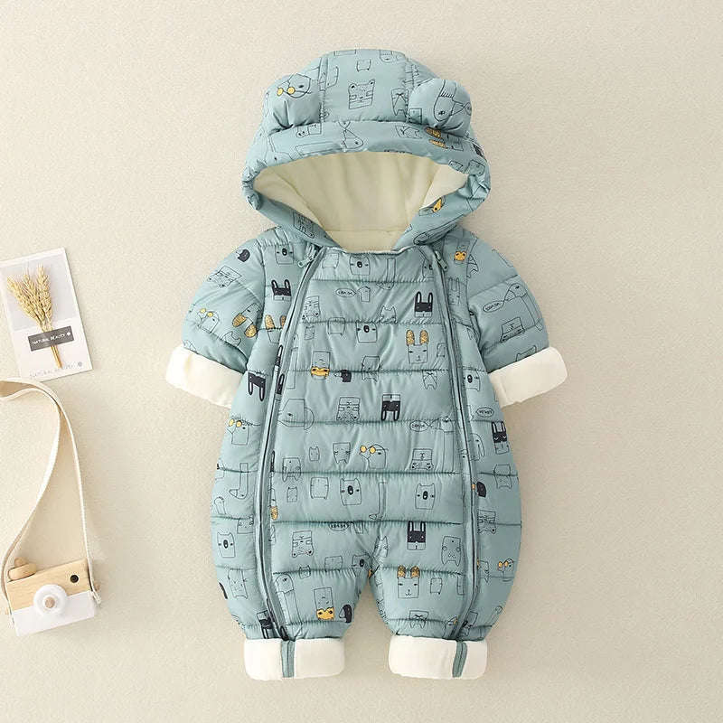 Baby Bubble cozy winter warm jumpsuit for infants, soft fleece material, full-body design with hood, ideal for cold weather.