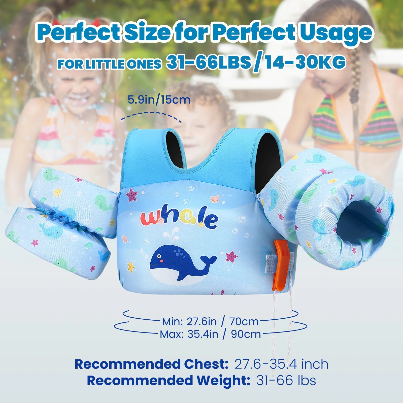 Baby Bubble kids safety life vest with foam arm floats and safety whistle, designed for swimming and water safety.