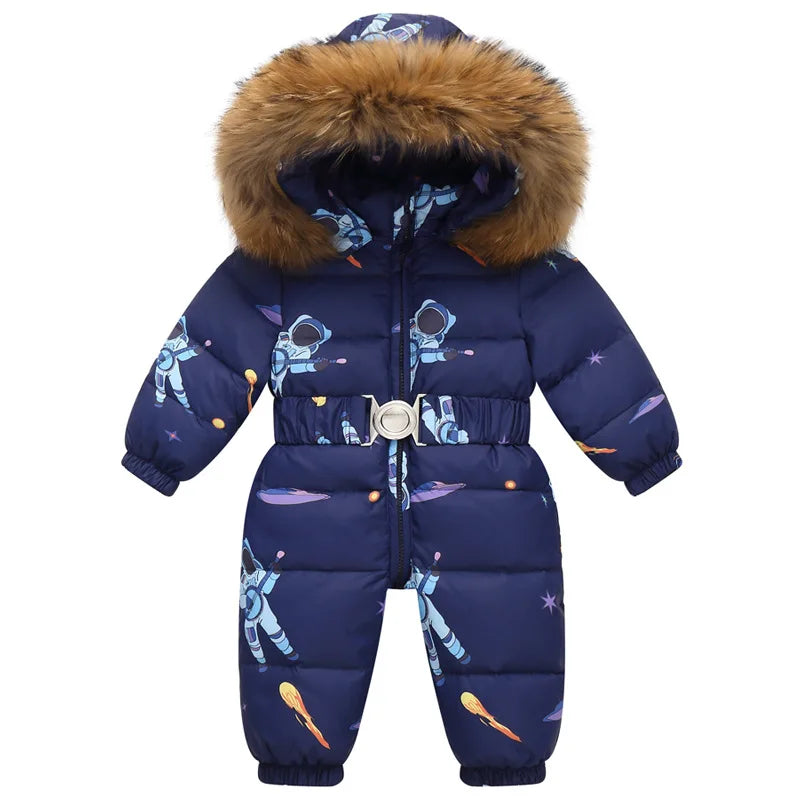 Baby Bubble kids winter waterproof down snowsuit shown in navy with insulated design and hood, suitable for cold snowy weather.