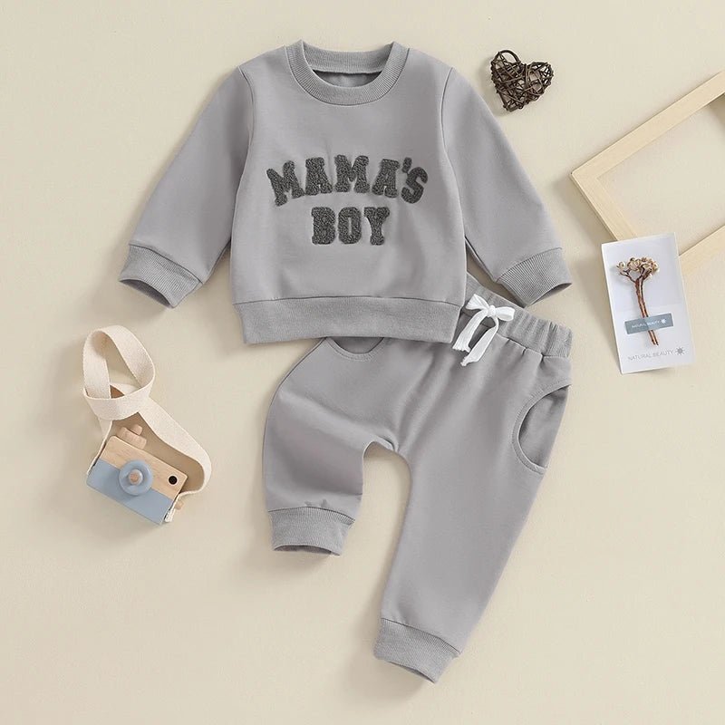 Baby Boy Crewneck Sweatshirt Set by Baby Bubble featuring a cozy fall outfit for ages 0-3 years, with a soft sweatshirt and matching pants.