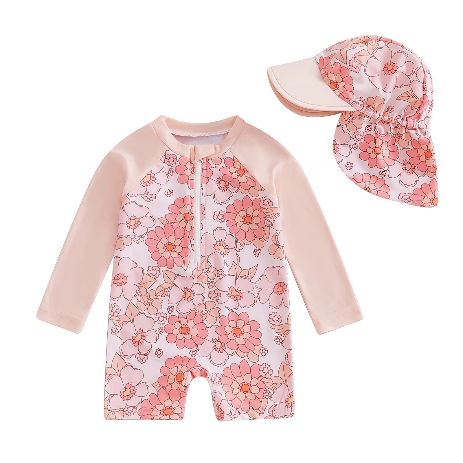 Baby Girl Rash Guard Set with floral and flamingo print, featuring lightweight, UV-protective swimwear by Baby Bubble.