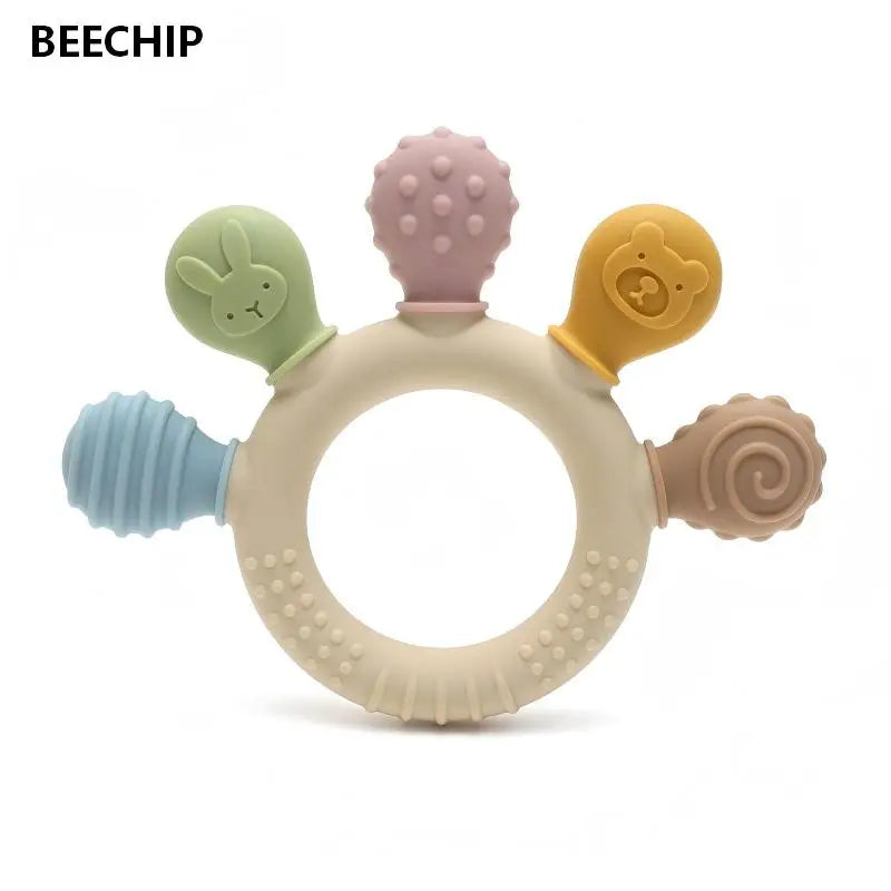 Colorful silicone baby ring teether by Baby Bubble, designed as a gum soother for soothing gums and teething discomfort.