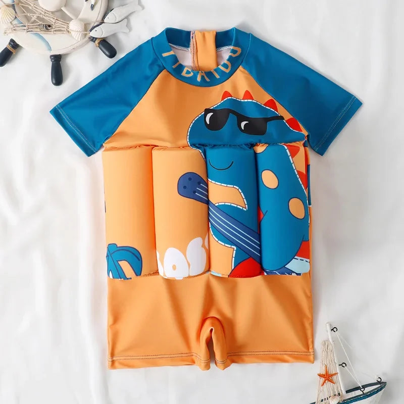 Kids buoyancy swimsuit by Baby Bubble with cartoon float design, featuring safe swimwear for young children in bright colors.