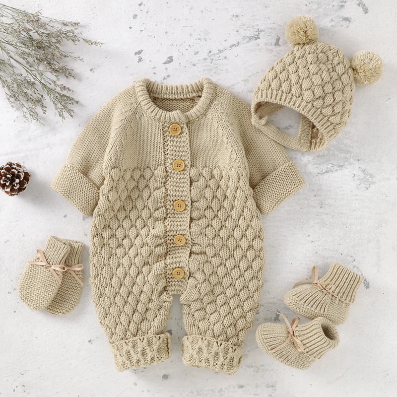 Baby Bubble knitted romper and cap set for autumn and winter, soft cozy knitwear for babies in warm winter tones.