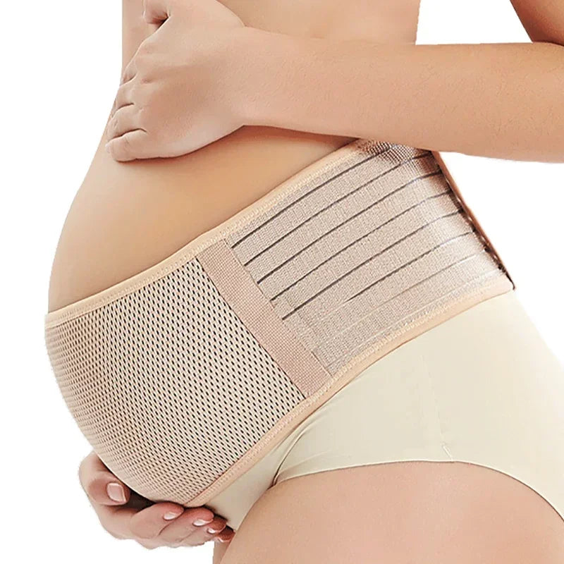Pregnancy belly support belt by Baby Bubble, designed for all-day comfort, shown wrapped around a pregnant woman's belly.