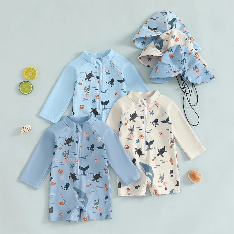 Baby Bubble baby boys rash guard set with marine animal print, featuring colorful aquatic-themed design for sun protection.