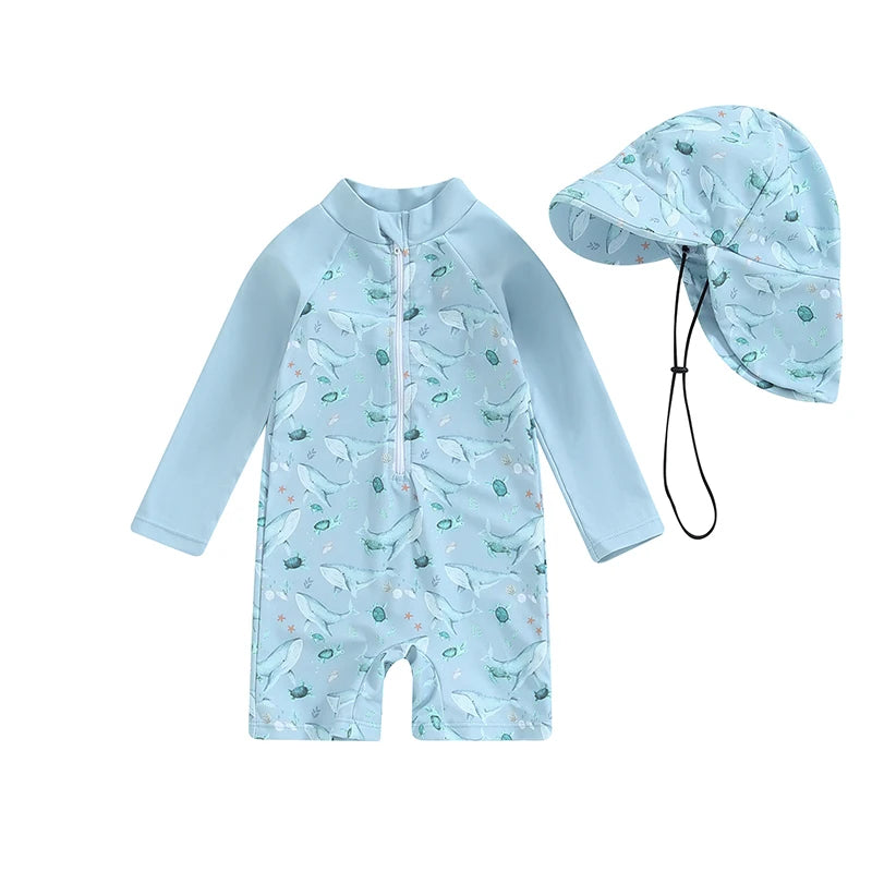 Baby boys rash guard set featuring turtle and dinosaur print from Baby Bubble, with long sleeves and vibrant aquatic designs.