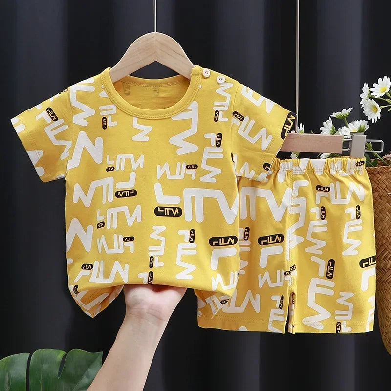 Baby Bubble cartoon print contrast T-shirt and shorts set, featuring playful cartoon designs and vibrant colors for kids.