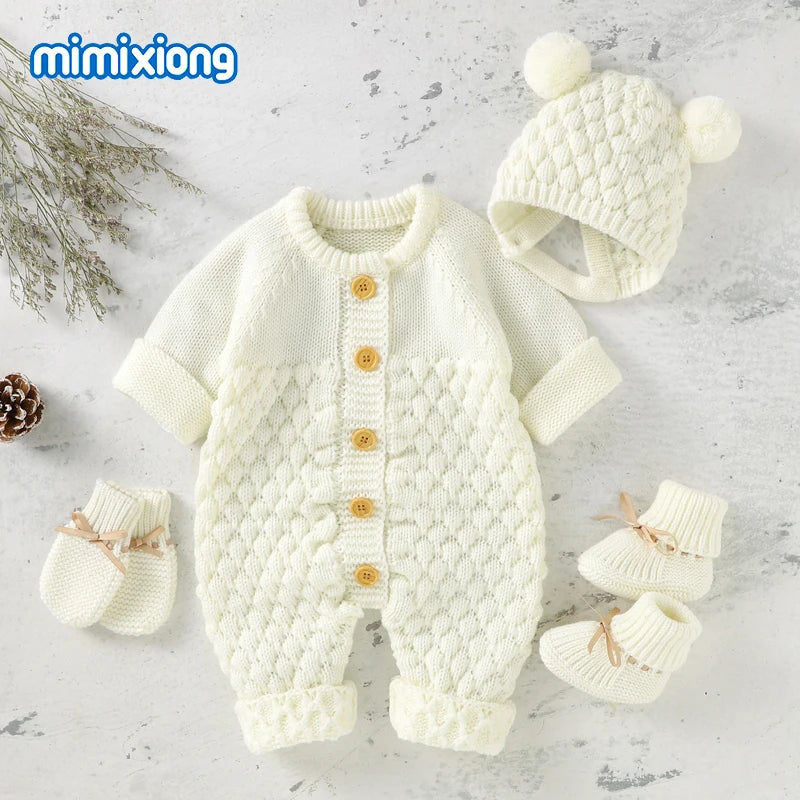 Baby Bubble knitted romper and cap set in cozy autumn/winter style, featuring soft, warm knit fabric for infants.