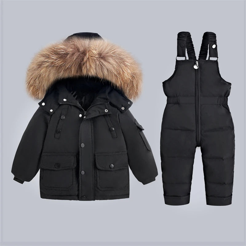 Baby Bubble kids winter snowsuit in blue, designed for cold weather, rated to -30°C, with insulated, waterproof features.