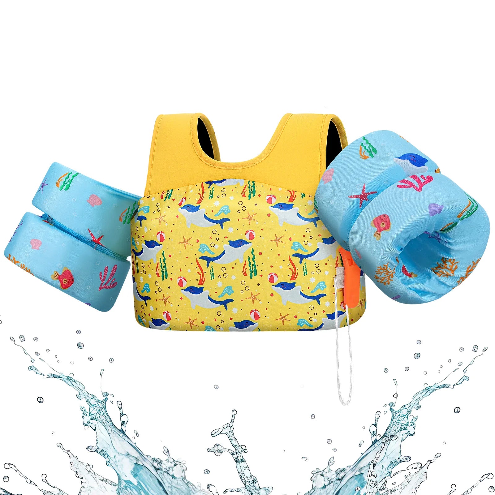 Kids' life vest with foam arm floats and safety whistle by Baby Bubble, designed for swimming safety and water confidence.