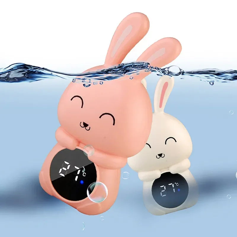 Baby Bubble floating digital baby bath thermometer showing water temperature in a bathtub for safe water monitoring.