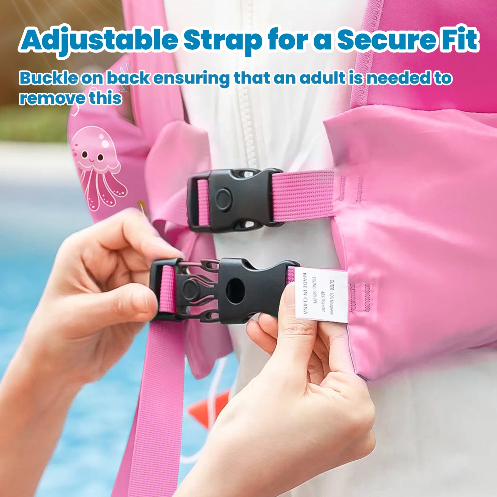 Baby Bubble kids life vest with foam arm floats and safety whistle, designed for safe swimming and water play.