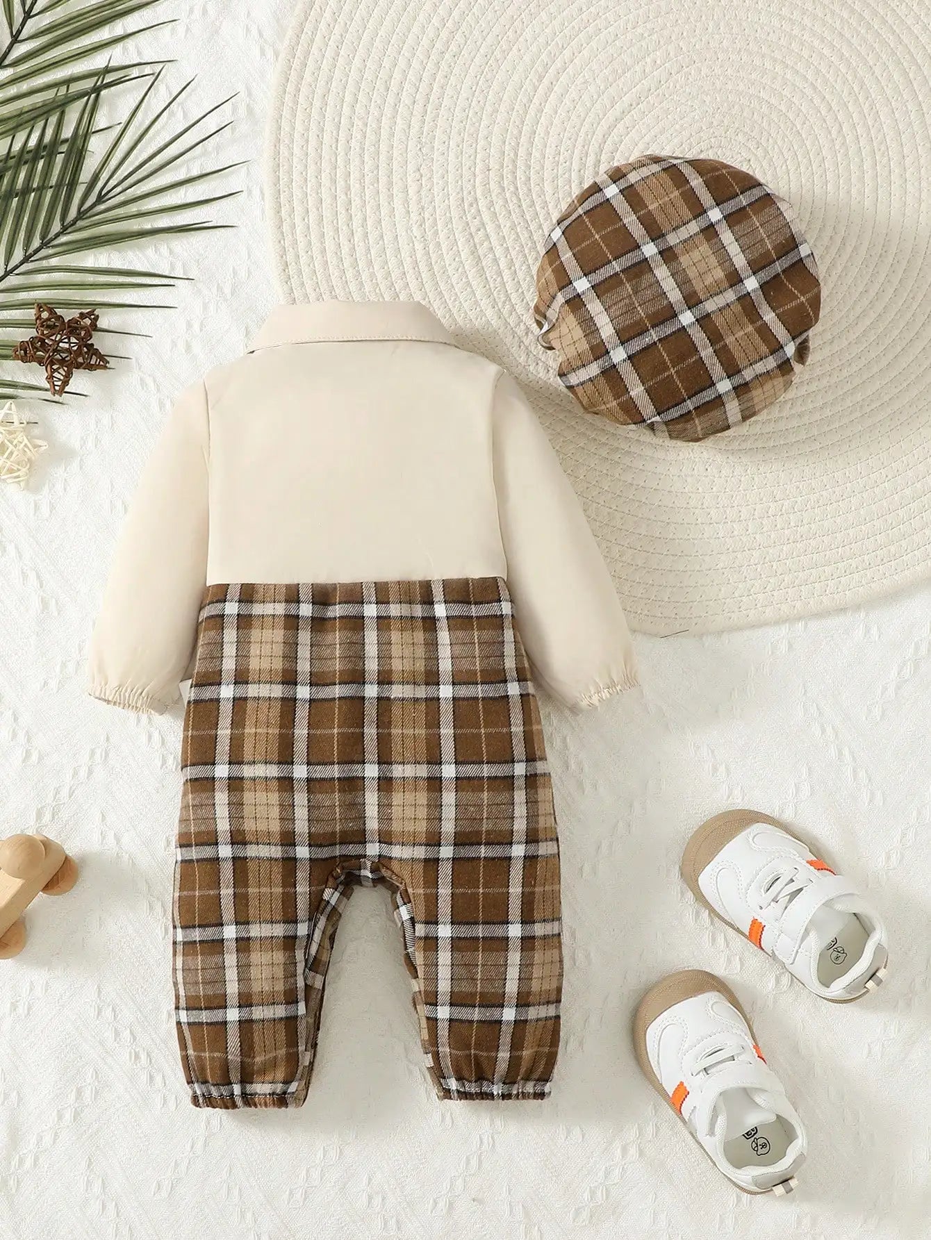 Baby Boy Gentleman Set by Baby Bubble with suspenders jumpsuit and matching hat, cute and stylish for special occasions.