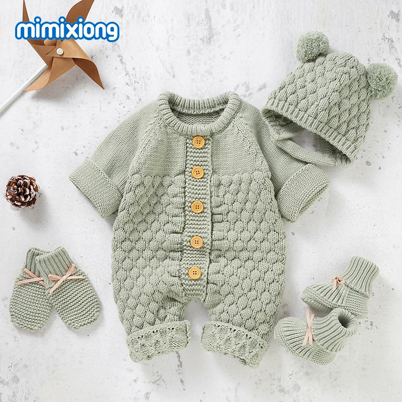 Baby Bubble knitted romper and cap set in cozy autumn/winter style, featuring soft, warm knit fabric for infants.