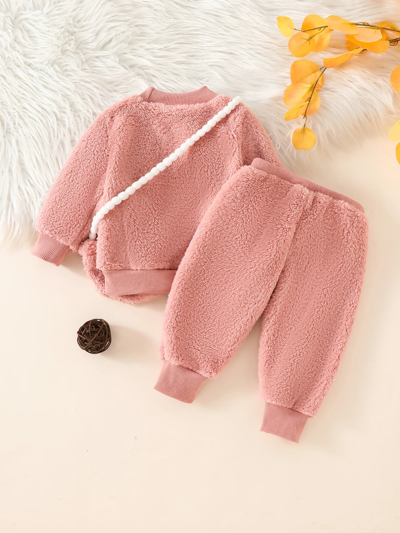 Baby girl fuzzy heart outfit set by Baby Bubble, featuring a soft, cozy 3-piece ensemble with heart details and matching accessories.
