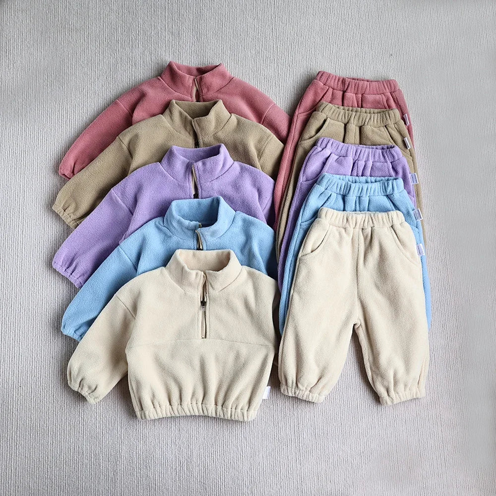 Toddler Baby Bubble cozy fleece hoodie and pants set, soft and warm toddler sports suit with matching fleece fabric.