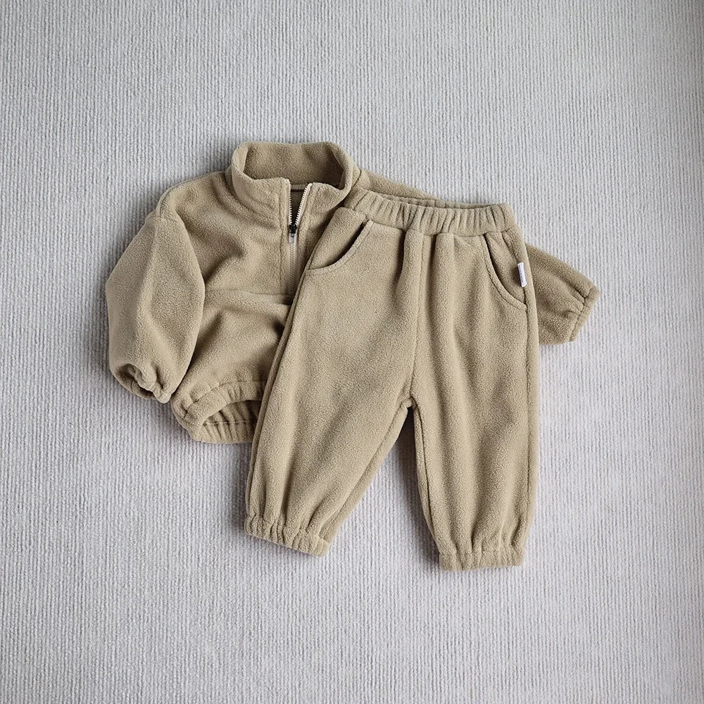 Toddler Cozy Fleece Hoodie and Pants Set by Baby Bubble, a soft, comfortable toddler sports suit in fleece fabric.