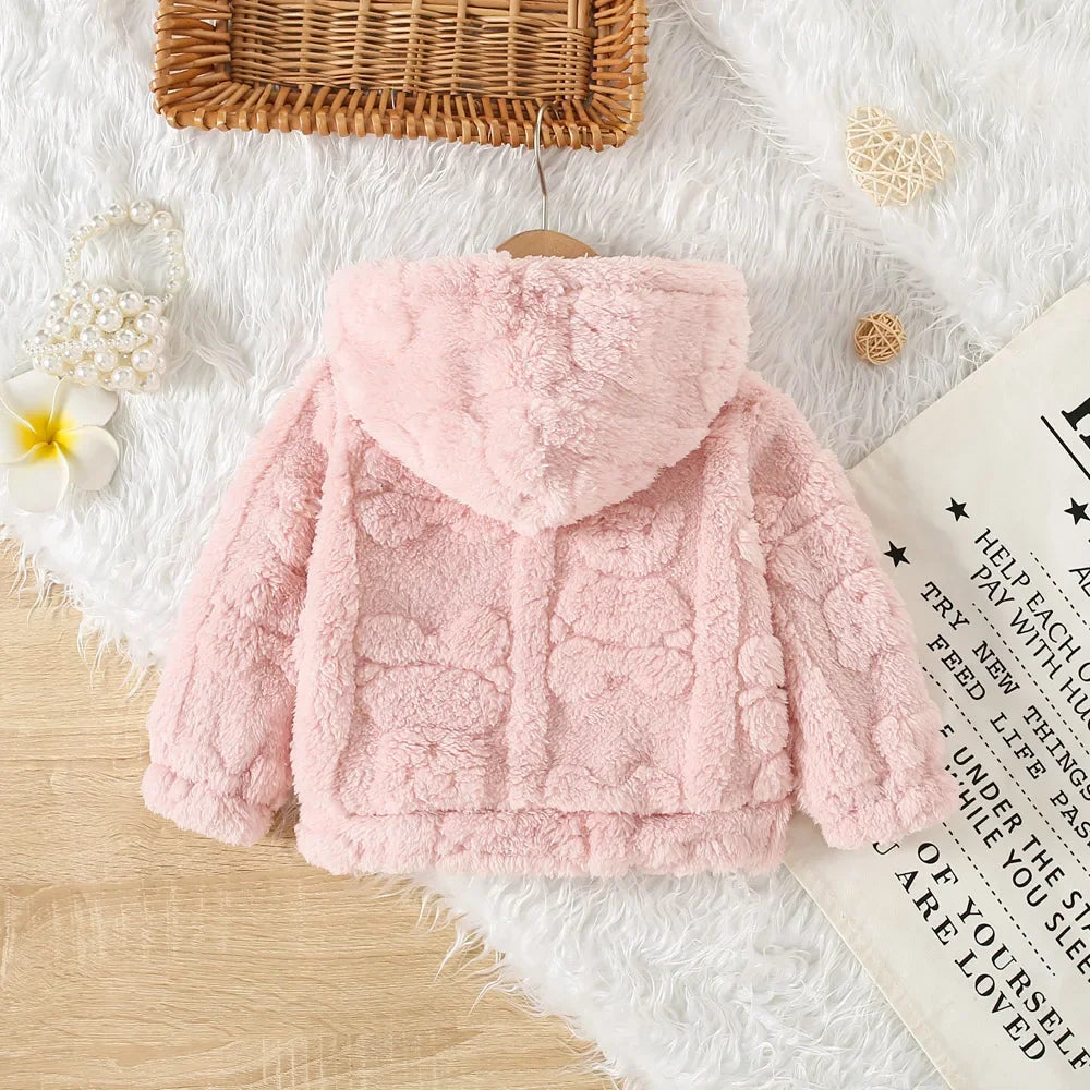 Baby girl winter lambswool coat by Baby Bubble, cute warm outwear with soft, cozy fabric and stylish design for cold weather.