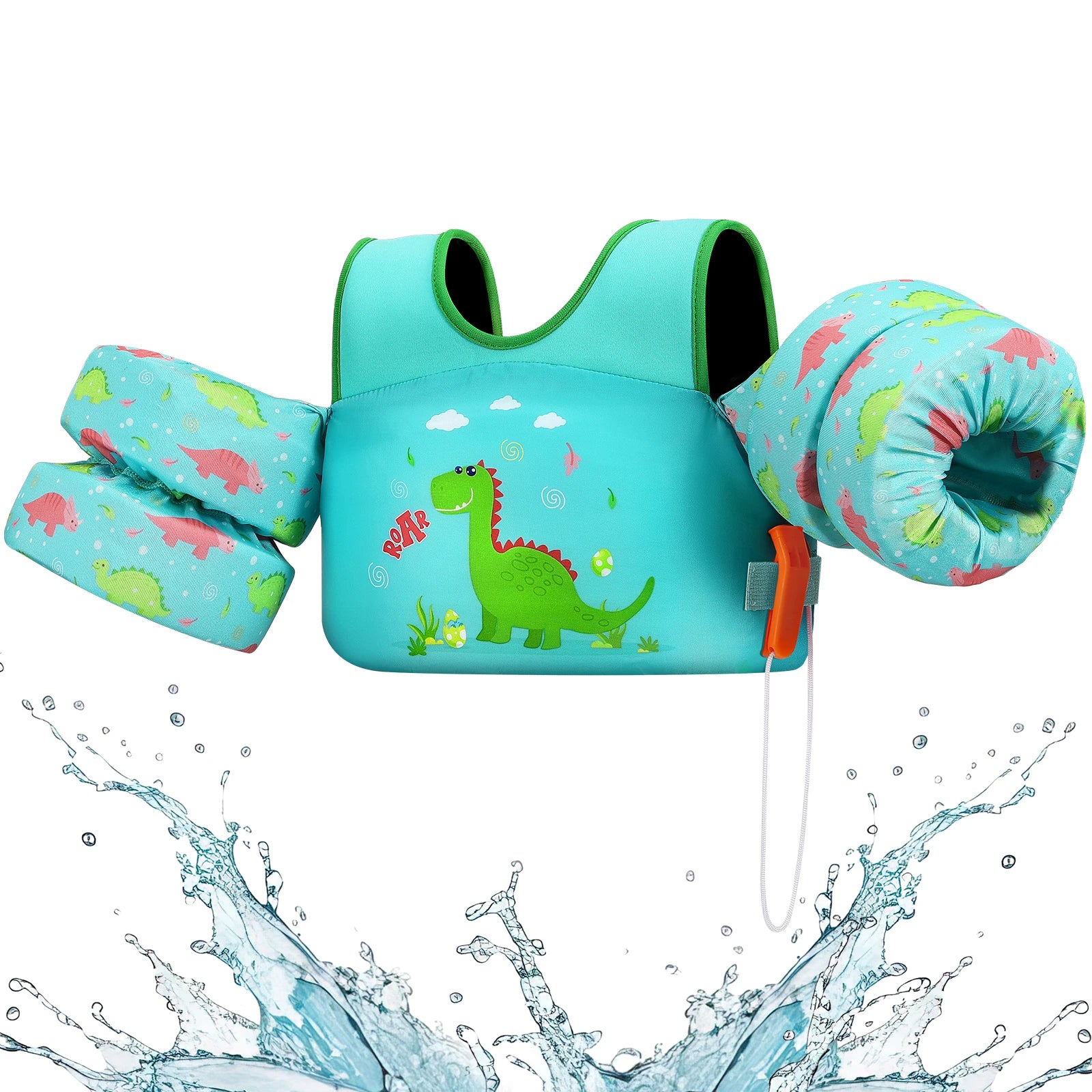 Baby Bubble kids' life vest with foam arm floats and safety whistle, featuring bright colors and adjustable straps for secure fit.