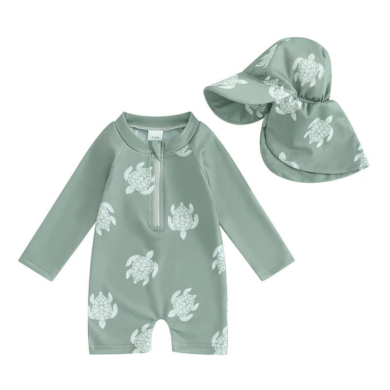 Baby boys rash guard set by Baby Bubble featuring turtle and dinosaur print, short-sleeve swimwear for infants.