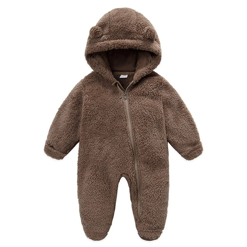 Soft baby hooded plush romper by Baby Bubble, featuring a cozy winter design with a hood and plush fabric for warmth.