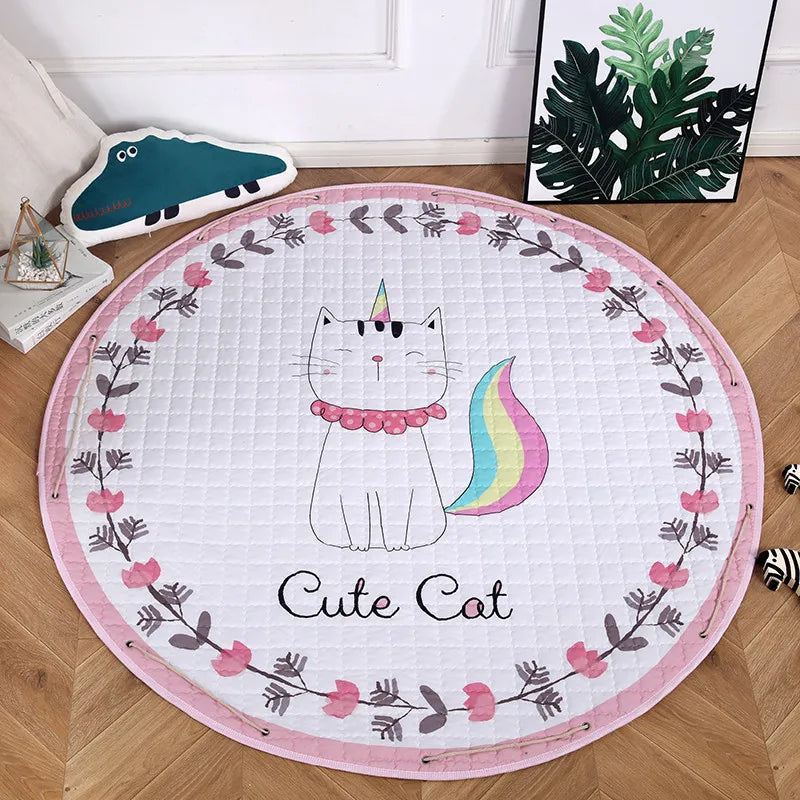 Round kids room carpet featuring Nordic animal play designs, 150cm diameter, colorful and soft foam mat for children's play area.