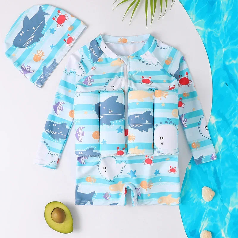 Children's buoyancy swimsuit by Baby Bubble with colorful cartoon print, designed for safety and fun in the water.