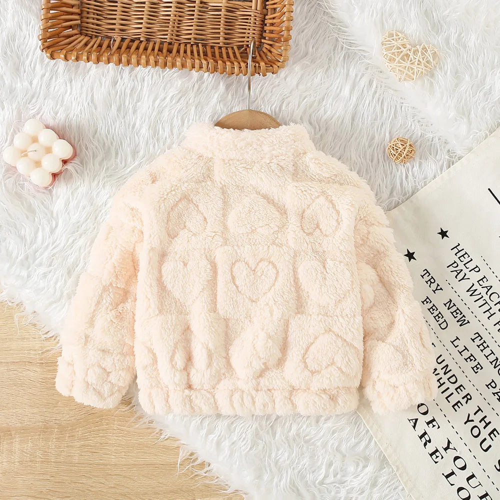 Baby girl winter coat by Baby Bubble, warm and cozy with pink outer fabric and soft fleece lining, suitable for cold weather.