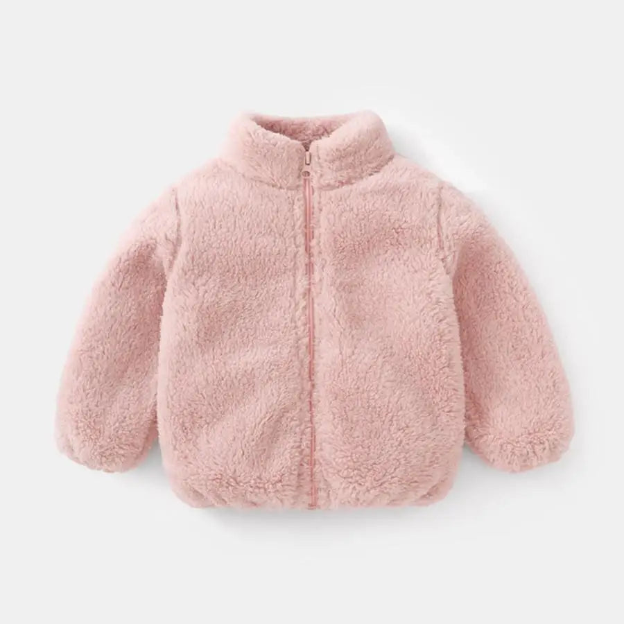 Soft pink Baby Bubble plush warm jacket for babies, featuring a cozy, plush fabric and a snug fit for cold weather.
