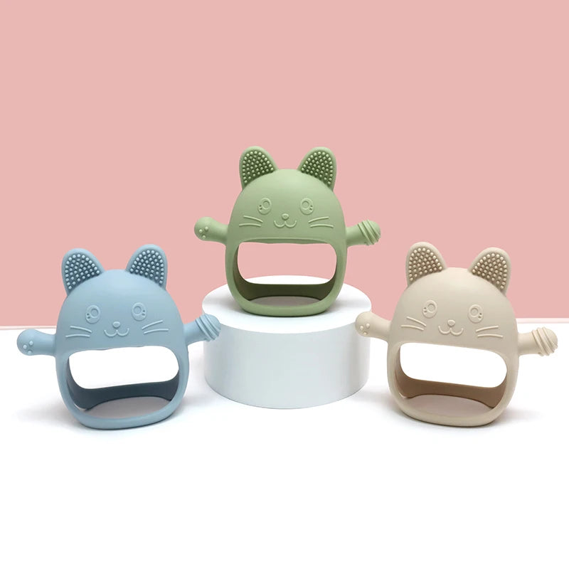 Baby Bubble silicone glove teether with textured surface for soothing relief, designed for infants to chew and comfort gums.