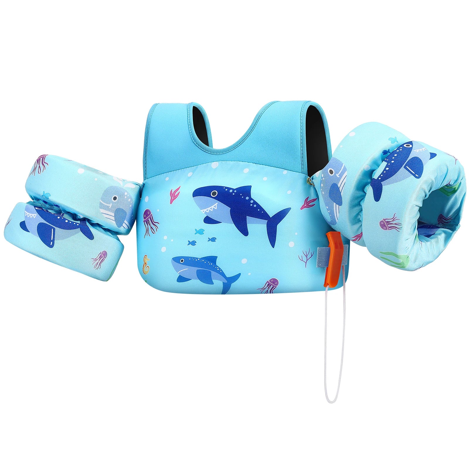 Baby Bubble kids' life vest with foam arm floats and safety whistle, designed for safe swimming and water activities.