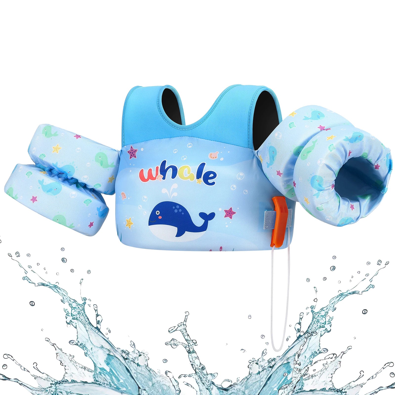 Baby Bubble Kids life vest with foam arm floats and safety whistle, designed for safe swimming and water play.