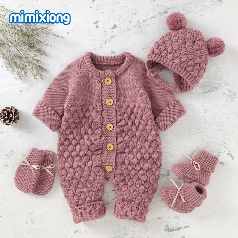 Baby Bubble knitted romper and cap set in cozy autumn/winter knit, featuring soft fabric and adorable design for infants.