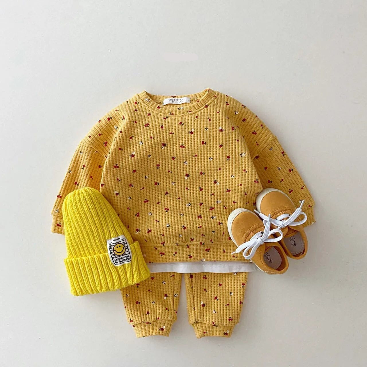 2023 New Toddler Kids Waffle Cotton Clothes Set Many Fruits Print Sweatshirt + Casual Pants 2pcs Boys Suit Baby Girl Outfits Baby Bubble Store