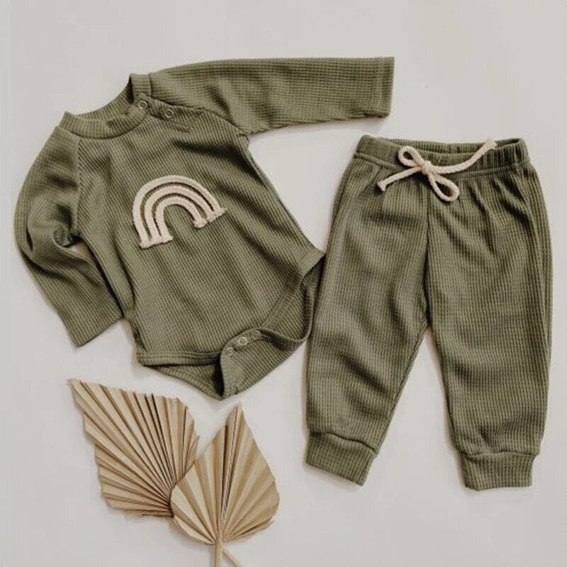 2023 Spring Infant Newborn Baby Girls Boys 2Pcs Clothes Set 100% Cotton Rainbow Long Sleeve Pocket Bodysuits Pants Outfit Set Baby Bubble Store