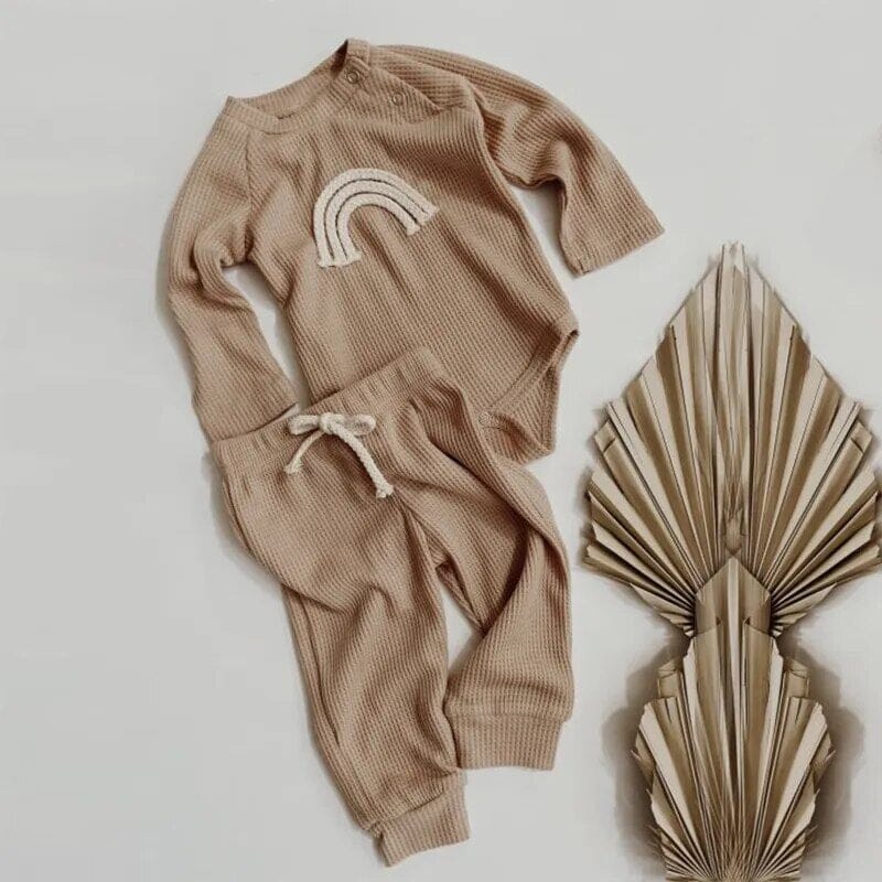 2023 Spring Infant Newborn Baby Girls Boys 2Pcs Clothes Set 100% Cotton Rainbow Long Sleeve Pocket Bodysuits Pants Outfit Set Baby Bubble Store Pink 3-6M 66