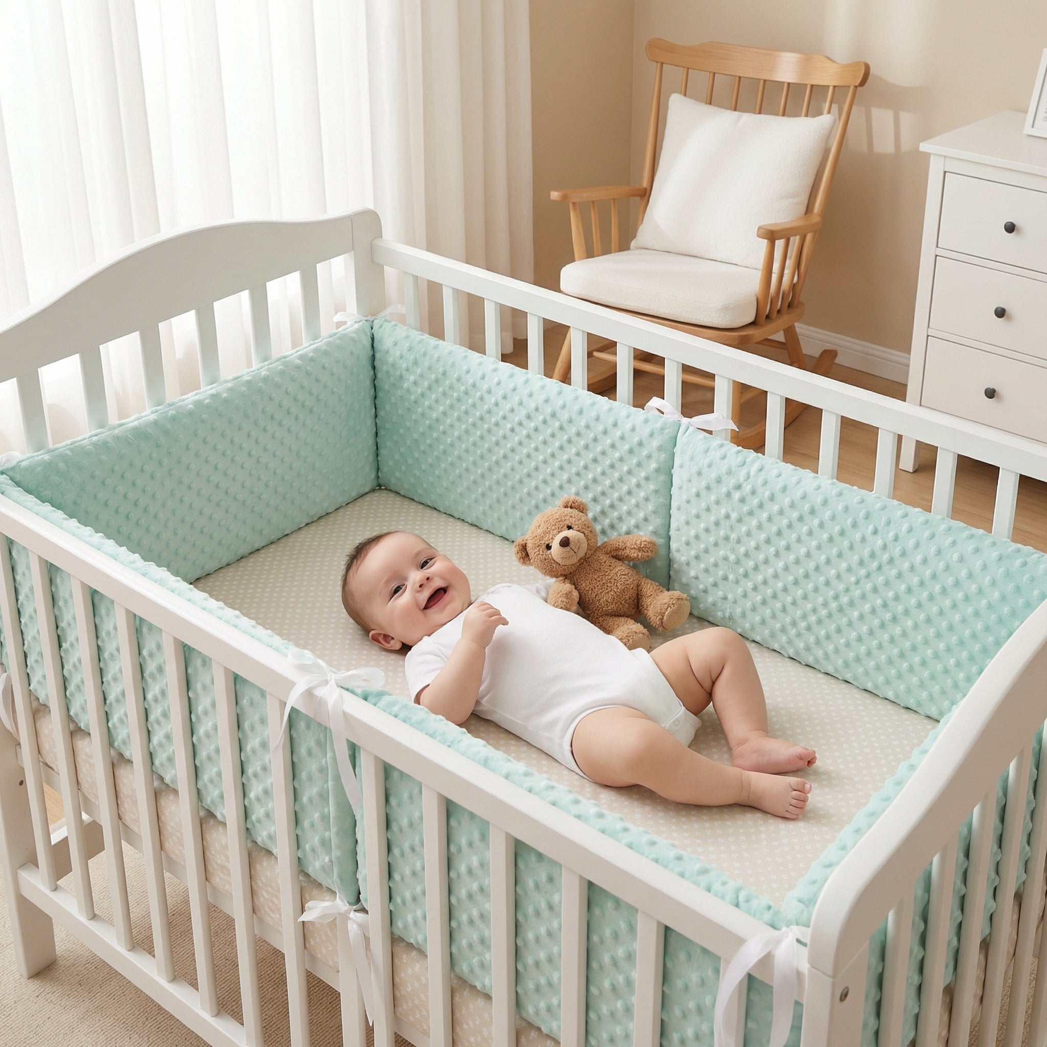 Soft-lit image of the CozyGuard™ premium baby crib cushion by Baby Bubble, featuring a plush, padded cushion for baby’s crib.
