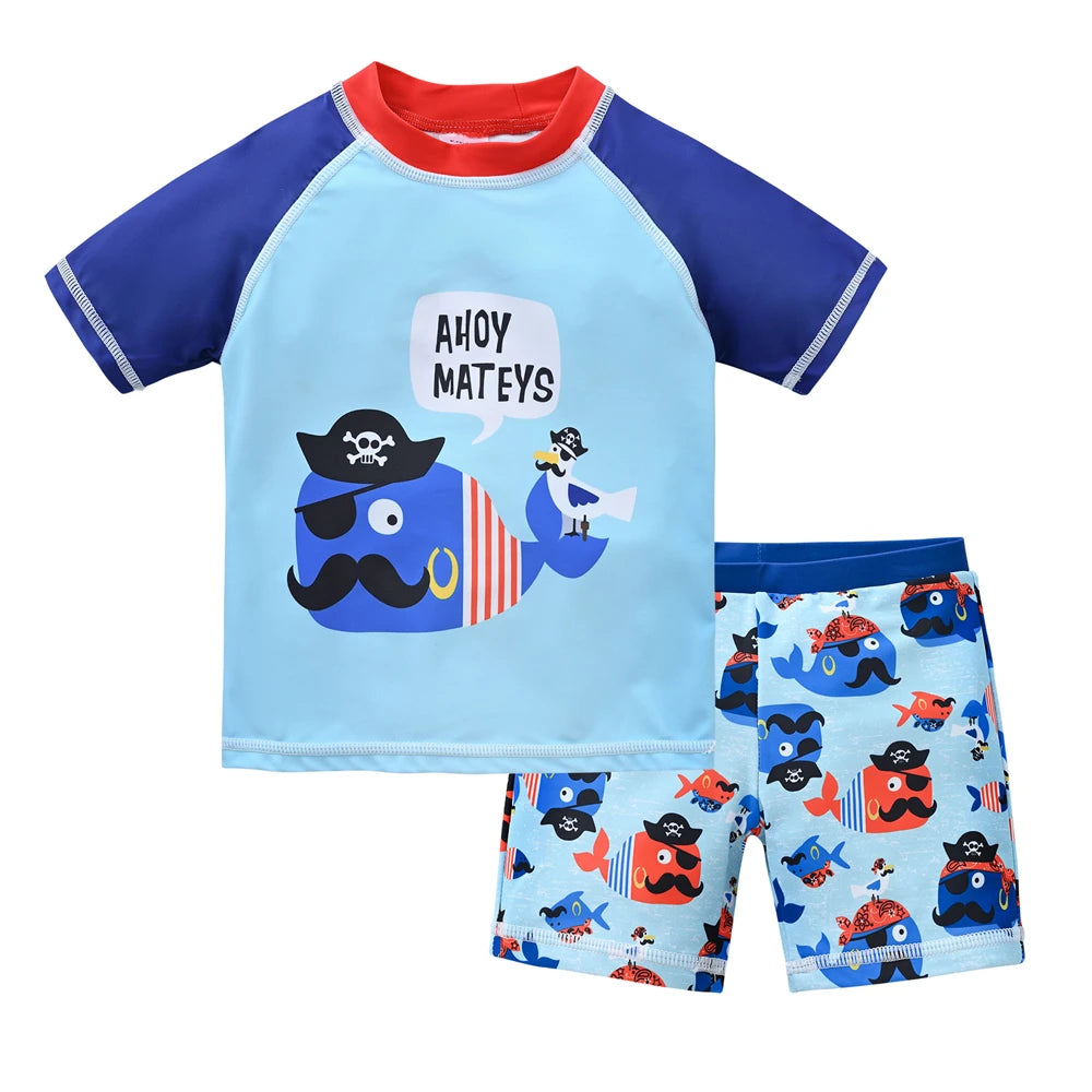 Baby Bubble boys' 2-piece swimsuit set with colorful cool print, suitable for ages 1 to 7, featuring a tank top and swim trunks.