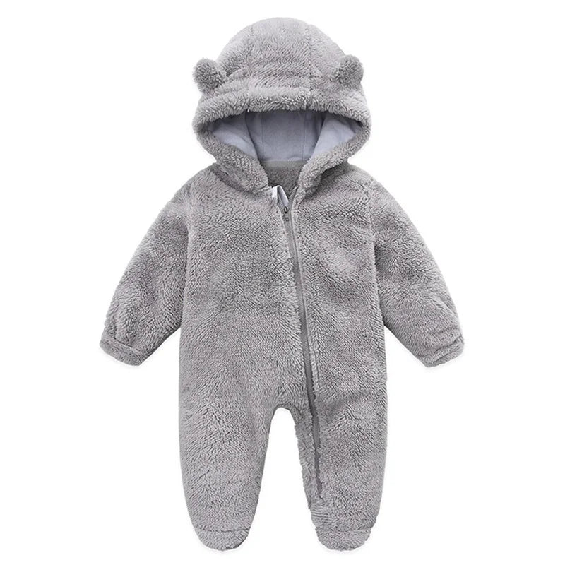 Baby Bubble baby hooded plush romper in soft, warm fabric with a cozy hood, perfect for winter comfort and cold weather.