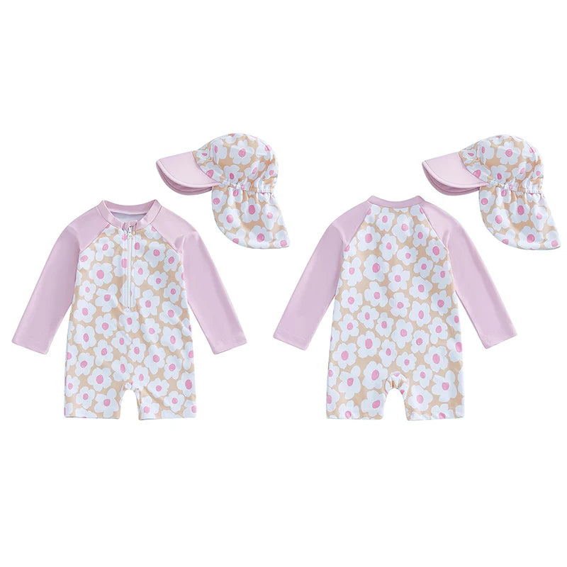 Baby girls rash guard set with floral and flamingo print by Baby Bubble, featuring colorful swimwear for infants.