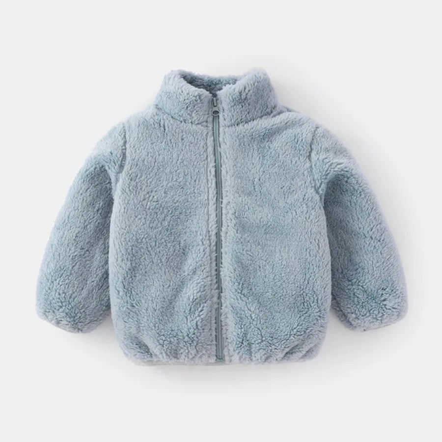 Soft pink CLO Baby Plush Warm Jacket by Baby Bubble with hood and cozy fleece lining, perfect for keeping babies warm and comfortable.