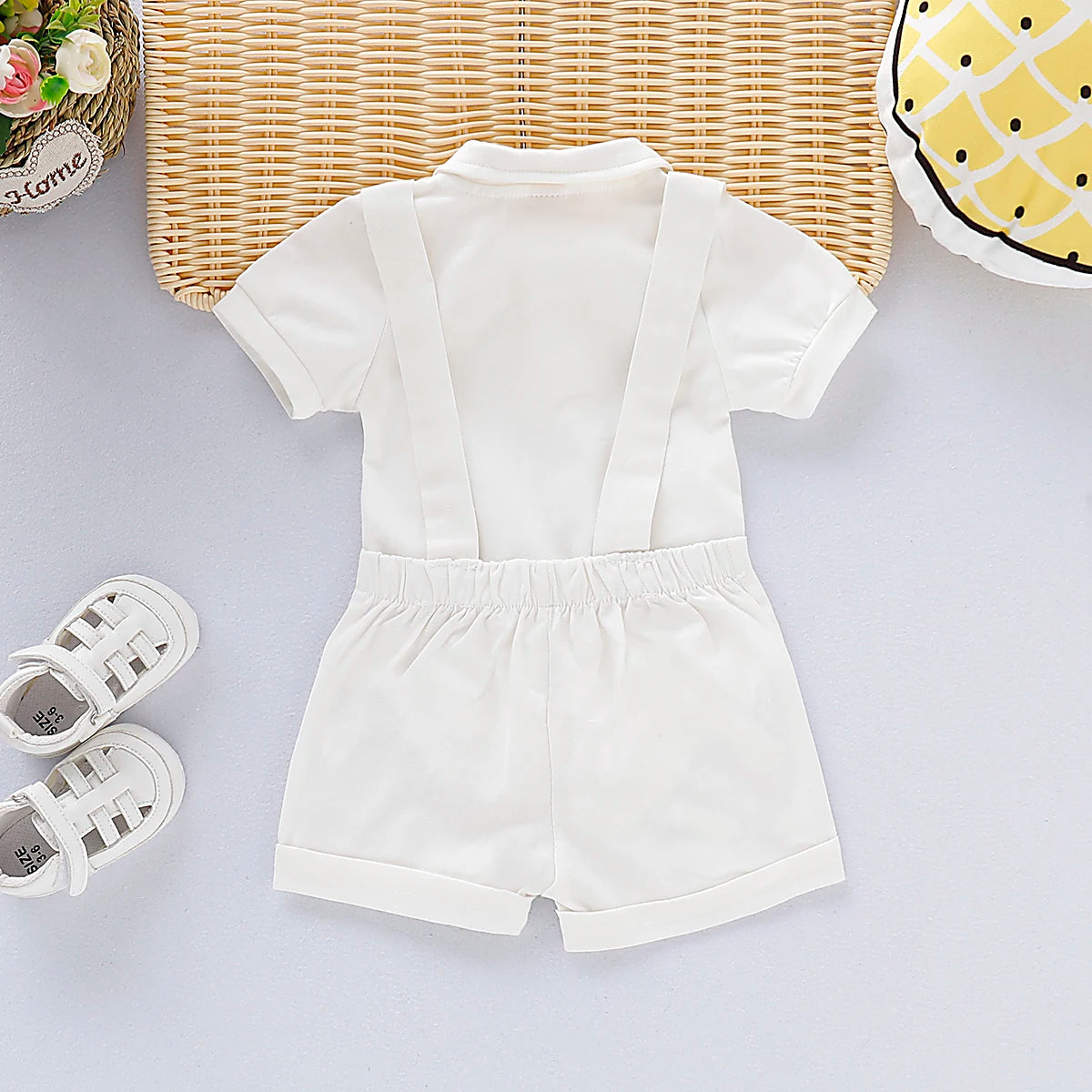 Newborn boy baby romper with a bowtie, summer set by Baby Bubble, featuring a stylish, comfortable outfit for infants aged 0-24 months.