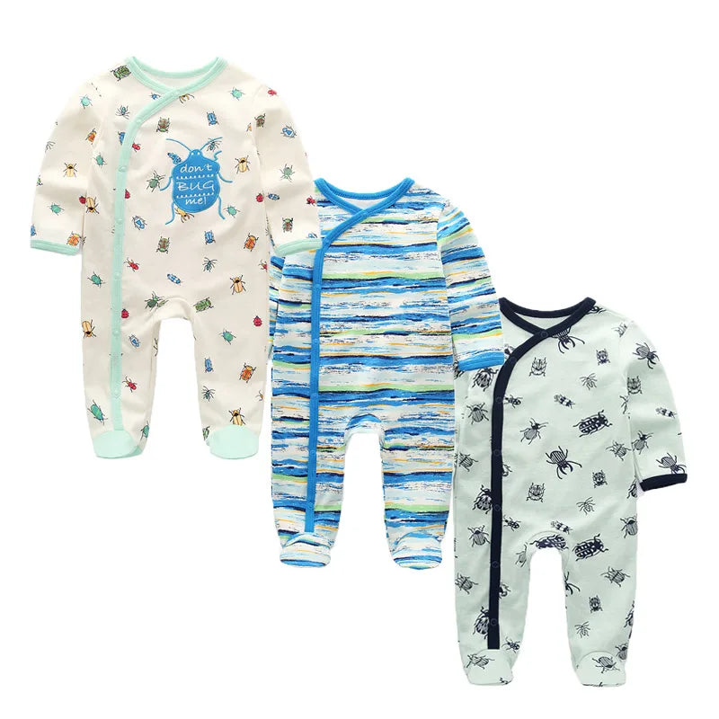 Baby Bubble cozy autumn cotton baby rompers, newborn 3-pack, soft fabric and cute designs perfect for little ones.