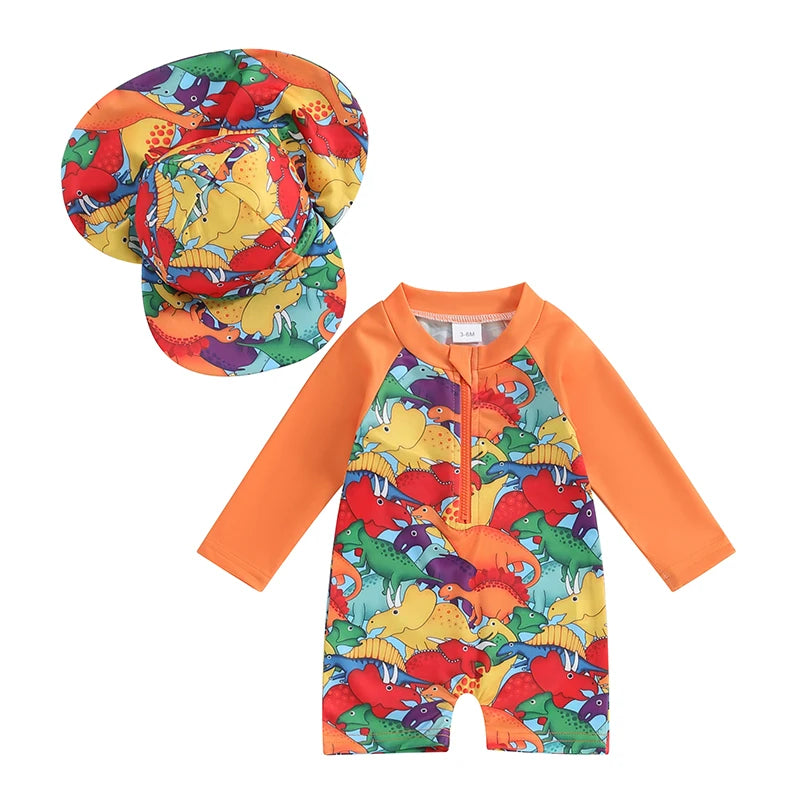 Baby boys rash guard set with turtle and dinosaur print from Baby Bubble, featuring a colorful, sun-protective swimwear design.
