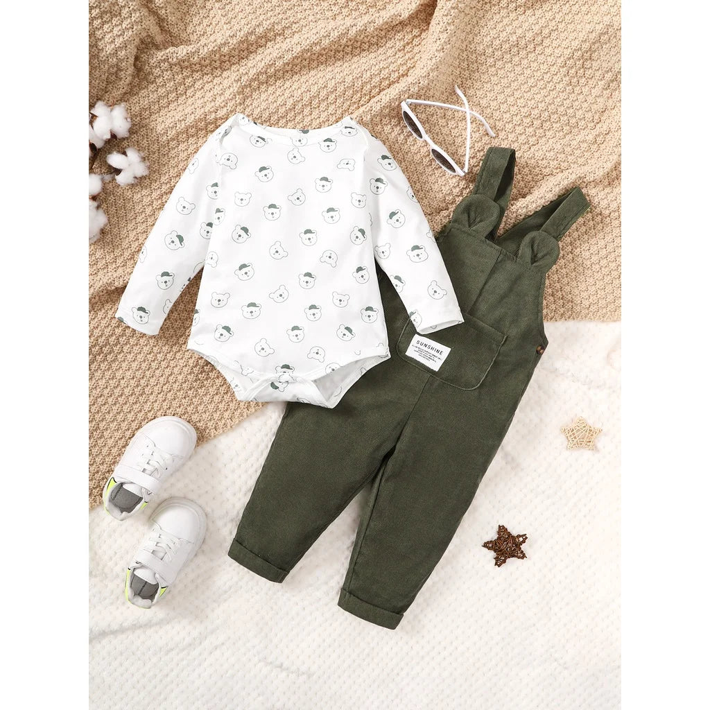 Baby Bubble bear print bodysuit and overalls 2-piece set for cozy fall comfort, featuring soft fabric and adorable bear design.