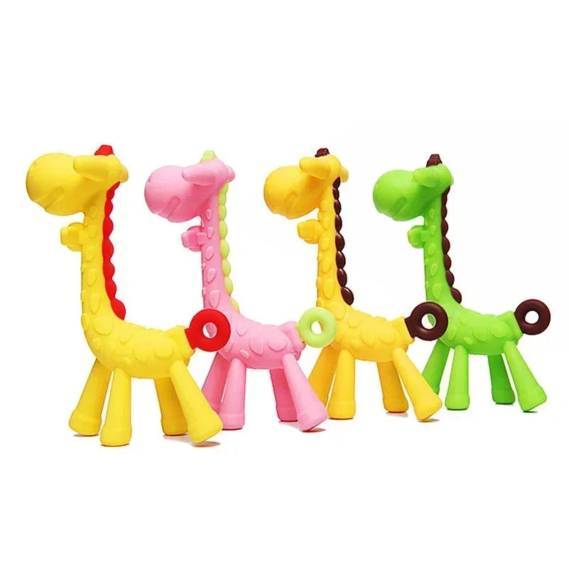 Silicone giraffe teether by Baby Bubble, designed to soothe sore baby gums with a soft, textured giraffe shape.