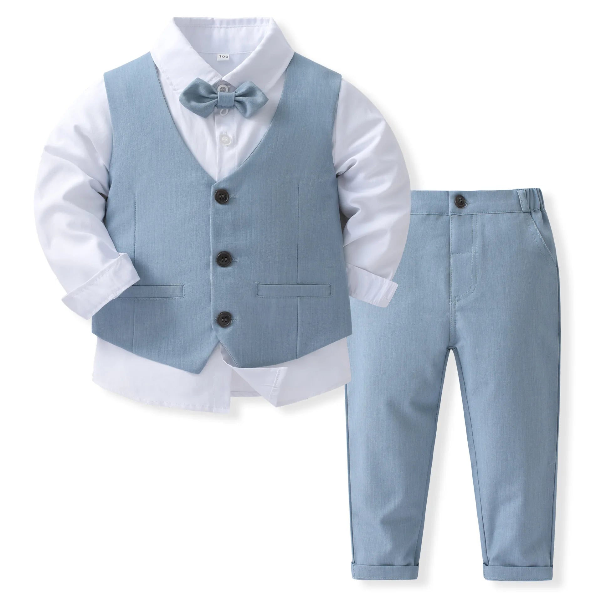 Baby boy in a smart navy blue gentleman suit with bow tie, perfect for a birthday celebration, by Baby Bubble.