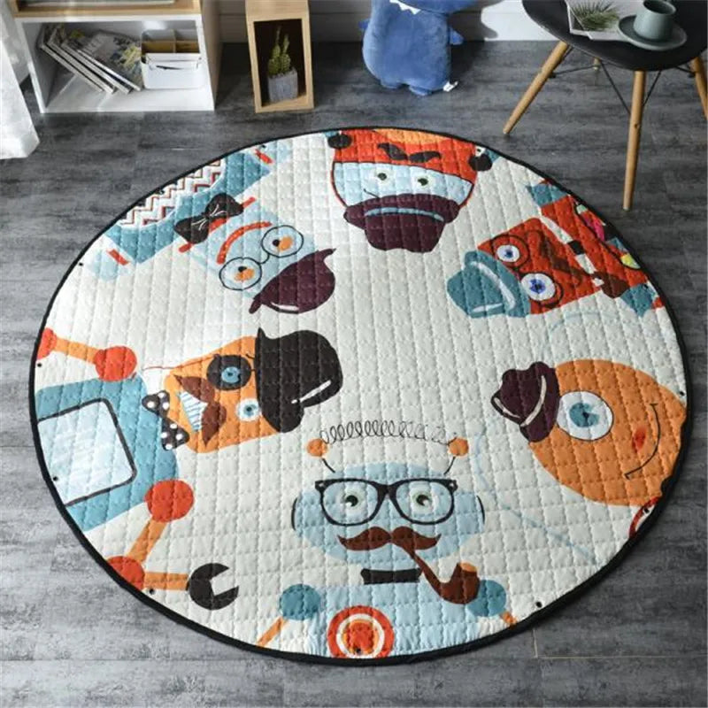 Round kids room carpet featuring Nordic animal design, 150cm play mat for children's rooms by Baby Bubble.