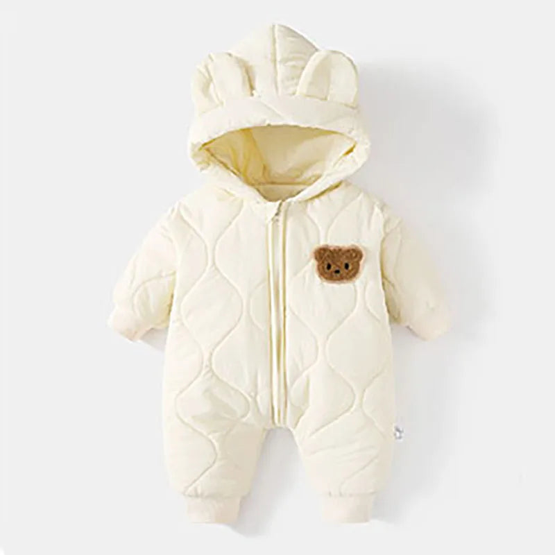 Baby Bubble winter romper featuring a cartoon bear design, cozy jumpsuit for infants, with a soft, warm fabric and cute bear motif.